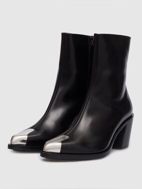 Alexander McQueen Black Leather Ankle Boots with Silver Toe Caps